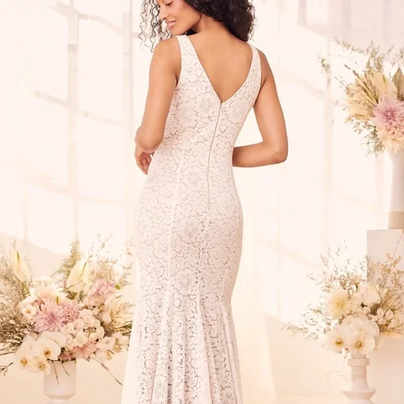 v neck dress lace White Lace V Neck A-Line Wedding Dress-Bridelily